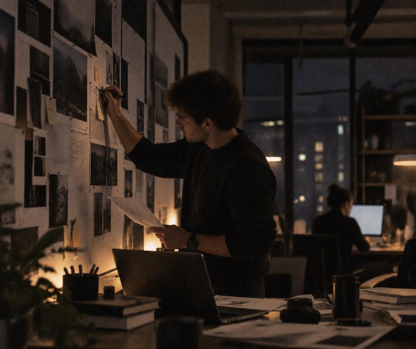 A member pinning ideas onto a wall board