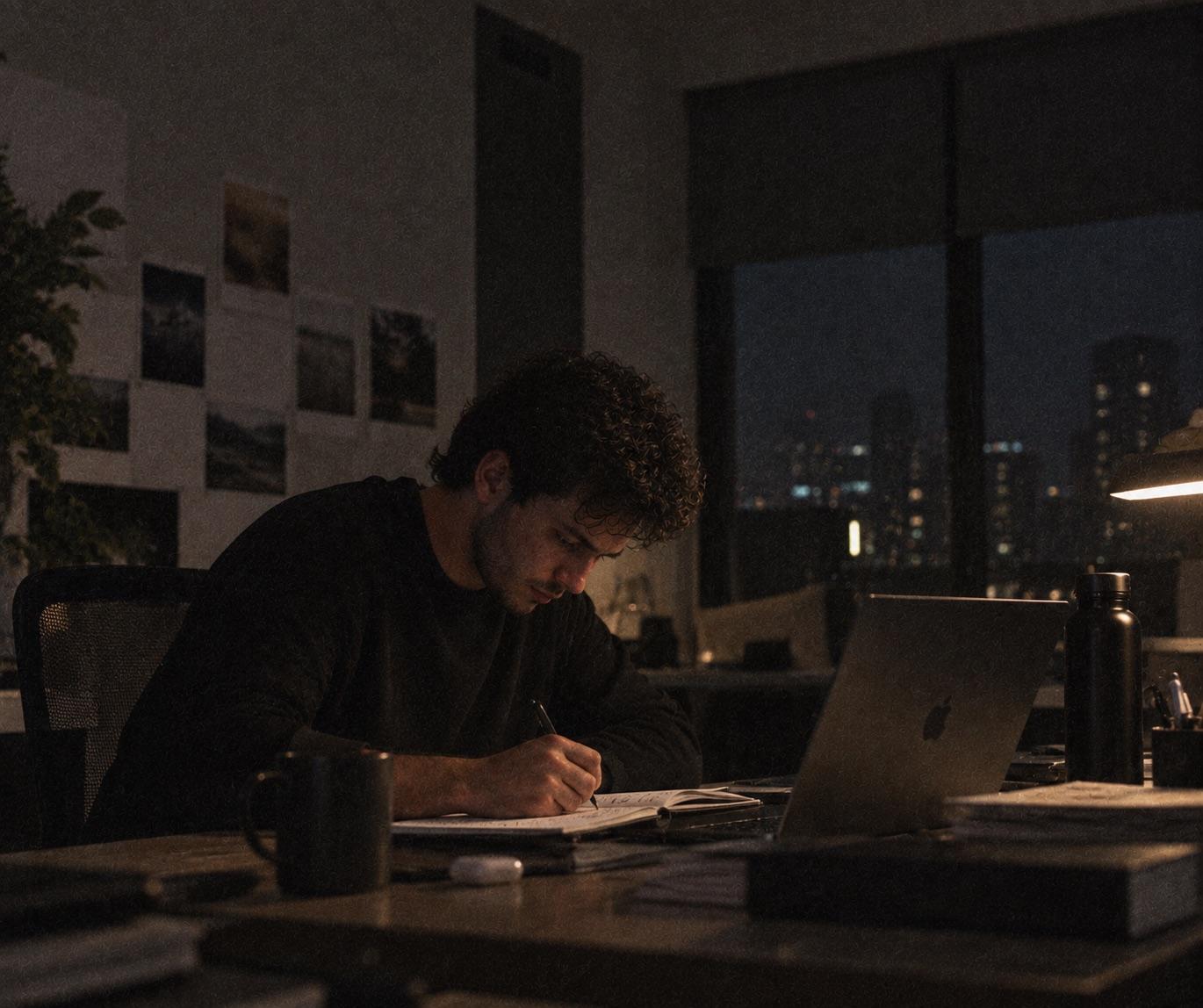 A member writing notes beside a laptop at night