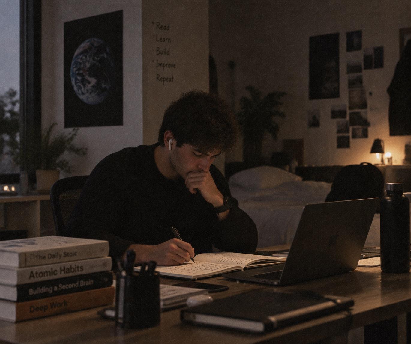 A member reading and thinking at a desk