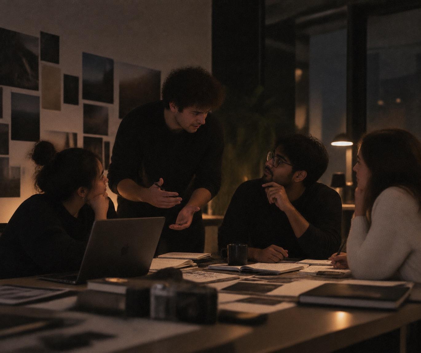 Members debating an idea across a desk